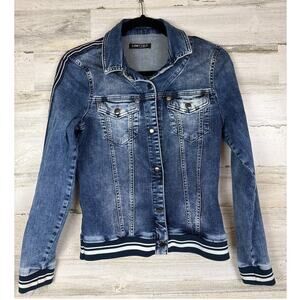 Lisette L Womens XS Washed Blue Denim Snap-up Jacket Arm Stripe Banded Waist